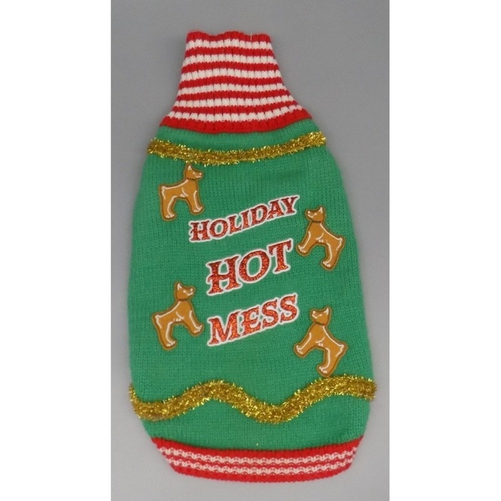 Dog Sweater Christmas Size Small Holiday Hot Mess Merry & Bright 15" Long Ugly